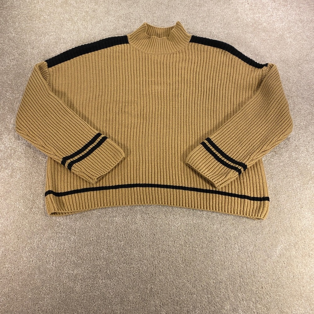 Sanctuary Pullover Sweater Womens XL Brown Black Striped Mock Neck Ribbed Knit‎